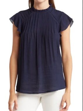 Nanette Lepore Navy Pleated Cap-Sleeve Crewneck Top